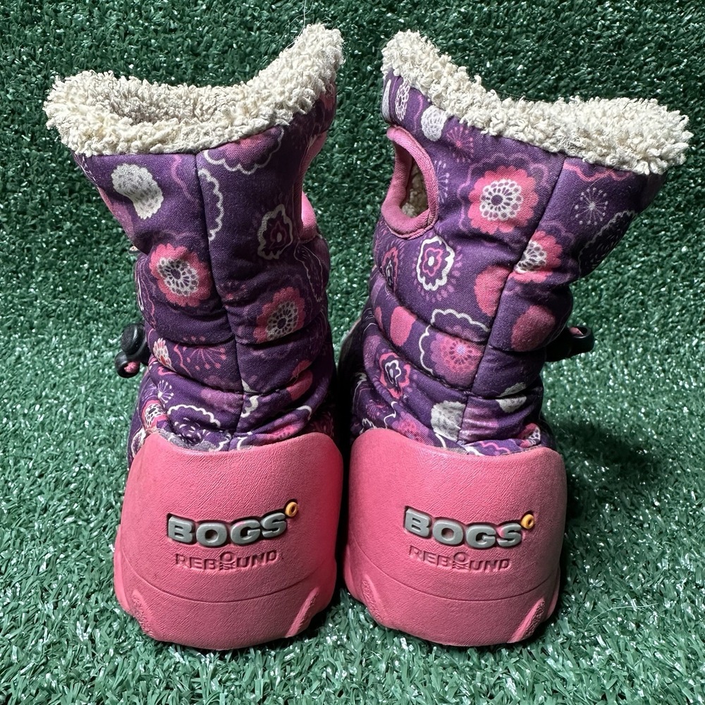 GIRLS KIDS BOGS PULL ON FLORAL PINK WATERPROOF WARM LINED BOOTS SIZE 13 - Picture 4 of 9